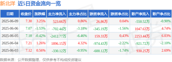 洪萨速配 股票行情快报：新北洋（002376）6月9日主力资金净买入523.66万元