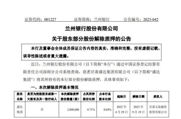 淘配网配资 兰州银行公告：股东盛达集团解除200万股股份质押